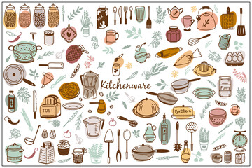 Kitchenware Vector set. Tool and ware collection. Hand drawn, doodle cooking icons. Cookware elements. Template, banner for design, menu, restaurant, cafe, bakery, wallpaper, recipe card, cookbook. 