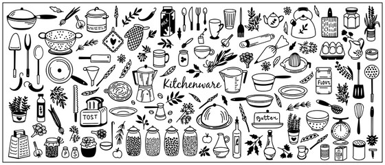 Kitchenware Vector set. Tool and ware collection. Hand drawn, doodle cooking icons. Cookware elements. Template, banner for design, menu, restaurant, cafe, bakery, wallpaper, recipe card, cookbook. 