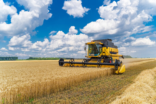Great combine harvester working at the field. Agricultural machine on the blue sky.