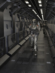 Future Soldiers Space Station Corridor Patrol, 3d digitally rendered science fiction illustration © Algol