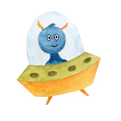Watercolor space flying saucer with blue alien. Children's picture of a humanoid. Isolated on white background.