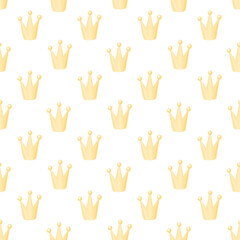 Seamless pattern with gold crown on white background. Beautiful print design for decor, textile, packaging, wrapping paper etc.