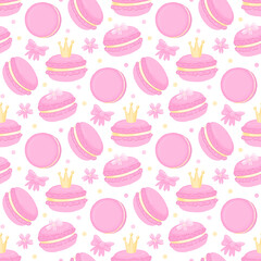 Cute pattern with macaroon (French confection of egg whites, icing sugar, ground almonds and food coloring), with crown, sakura flowers, and bow. Beautiful print design for decor, wrapping paper etc.