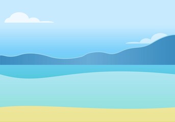 Fototapeta na wymiar Vector illustartion of tropical view with sand, water, ocean . Summer environment and beautiful hills 