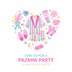Pajama party invitation template. Composition of themed items in the form of a heart. Card for birthday party with sample text. Editable vector illustration.