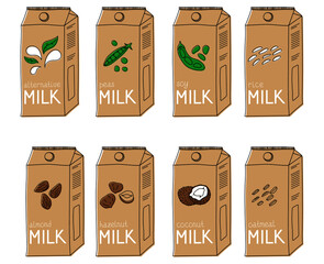 Eight isolated alternative milk cartons illustrations. Various dairy free milk substitute drink.