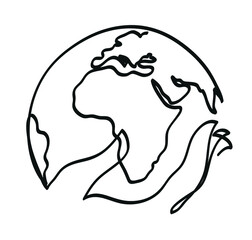 One line drawing of woman hands holding earth globe.
One continuous line drawing of 'save the world'  concept.
