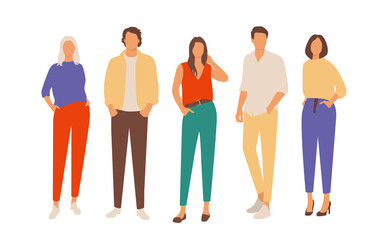 Fototapeta premium Set of young men and women, different colors, cartoon character, group of silhouettes of standing business people, students, the design concept of flat icon, isolated on white background