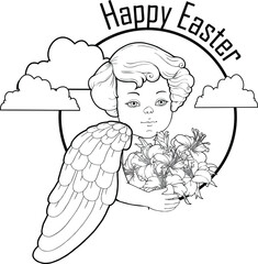 Art design concept for religious holidays - Easter, Christmas. Angelic beings with bouquet of lilies Isolated clipart. Character for congratulation card with  birthday, wedding. Linear hand drawing
