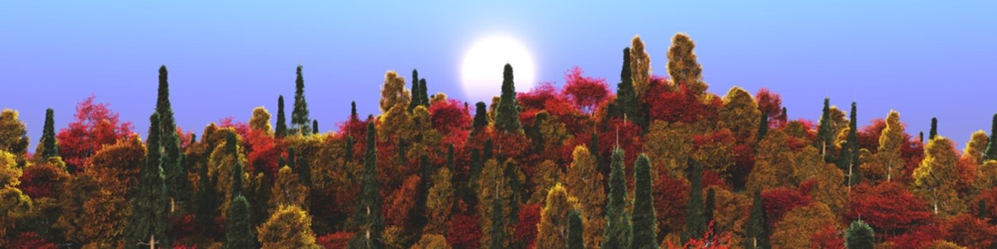 Autumn landscape at sunset of the day, autumn park under the sun, autumn trees against the sky, 3D rendering © ustas