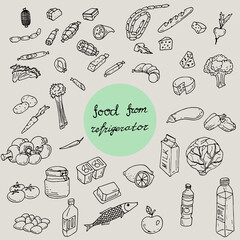 Hand drawn set of food ingredient doodles with lettering