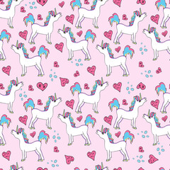 Nursery seamless pattern. Fantasy pattern with rainbow unicorns, flowers, comets and stars. Colorful bright vector background.