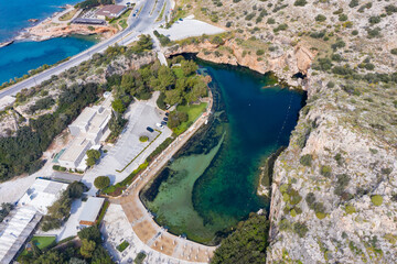 Vouliagmeni lake heath spa, aerial drone view, Athens Greece.