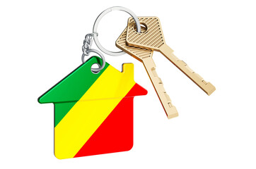 Real estate in Congo. Home keychain with Congo flag. Property, rent or mortgage concept. 3D rendering