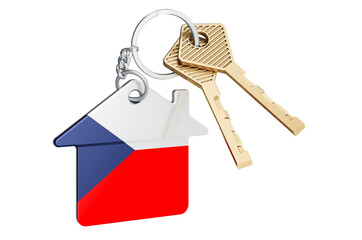 Real estate in Czech Republic. Home keychain with Czech flag. Property, rent or mortgage concept. 3D rendering