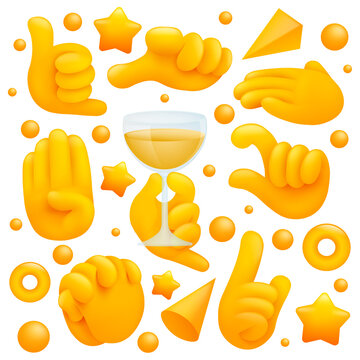 Collection of various emoji yellow hand symbols with wineglass, shaka sign and other gestures. 3d cartoon style.