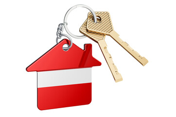 Real estate in Latvia. Home keychain with Latvian flag. Property, rent or mortgage concept. 3D rendering