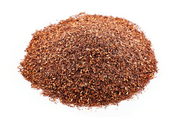 Rooibos tea, strawberries. Pile of natural rooibos tea with leaves on white background.