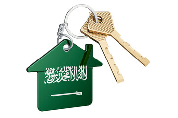Real estate in Saudi Arabia. Home keychain with Saudi Arabian flag. Property, rent or mortgage concept. 3D rendering