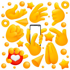 Collection of various emoji yellow hand symbols with prayer sign, smartphone swipe and other gestures. 3d cartoon style.