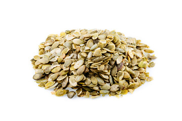 Peeled pumpkin seeds. Heap of fresh shelled pumpkin seeds isolated on white.