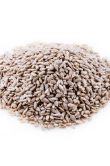 Top view of sunflower seeds. Peeled sunflower kernels. Sunflower seeds, peeled, kernels isolated on white background.