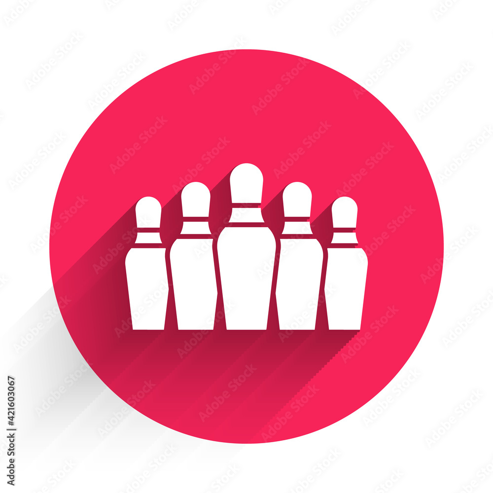 Poster white bowling pin icon isolated with long shadow. red circle button. vector