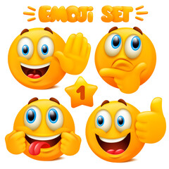 Set of yellow emoji icons Emoticon cartoon character with different facial expressions in 3d style isolated in white background. Part 1