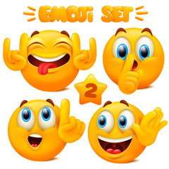 Collection of yellow emoji icons Emoticon cartoon character with different facial expressions in 3d style isolated in white background. Part 2