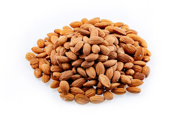 Almond. Pile Almond on white background. Heap of almond isolated on white.