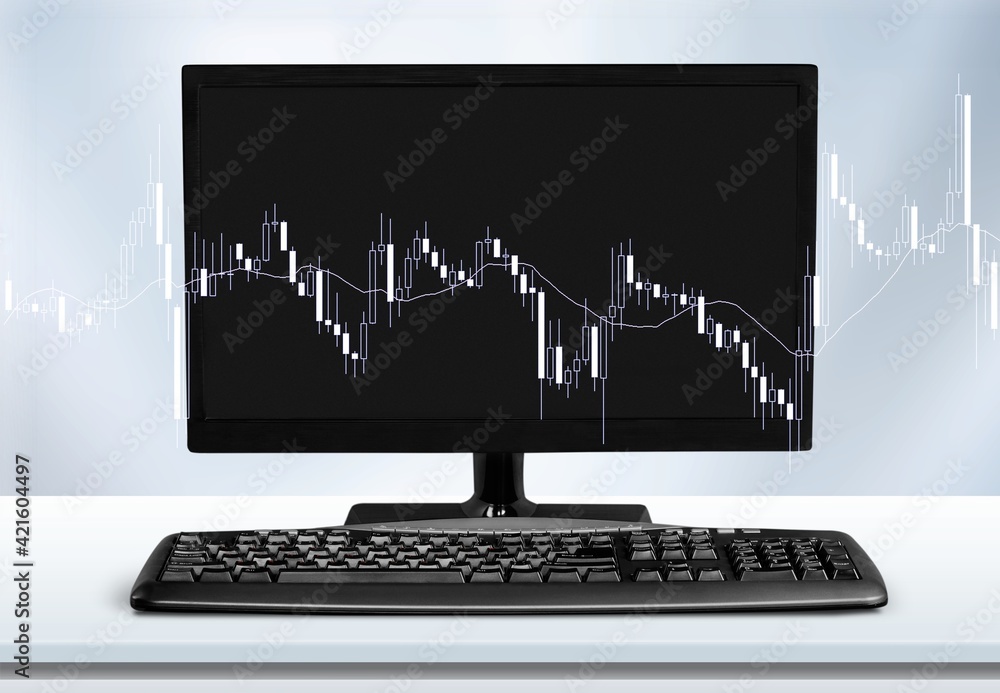 Poster modern desktop computer and keyboard on desk