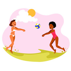 Illustration vector of two women playing beach volley ball. Happy women playing sport game together and having fun. Really good for talking about summer sport, healthcare and summer activity