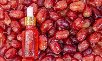 Grape seed oil in a bottle, lies on the berries of red, fresh, juicy grapes.