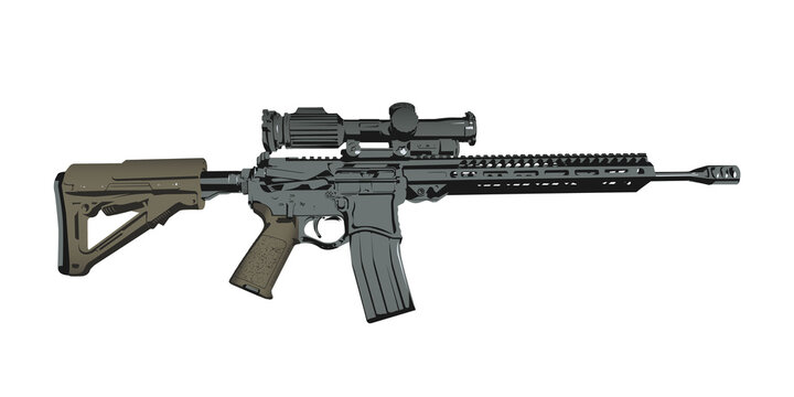 Vector Illustration of a Armalite ar-15 Rifle with Olive Drab colored Stock and Handguard.