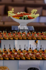 Front view of bruschetta prosciutto on the serving table at the party.