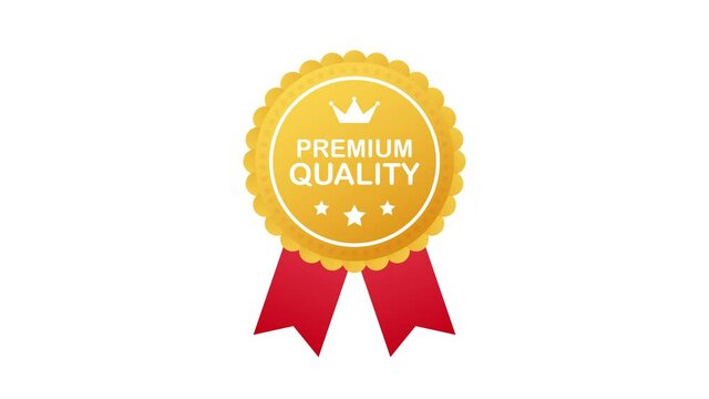 Gold premium quality rosette with red ribbon on white background. Motion graphics.