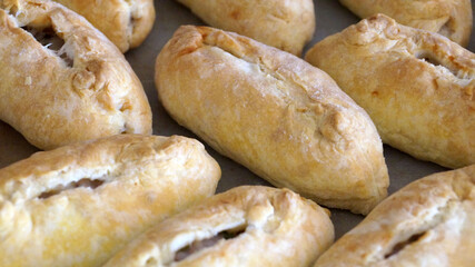 baked ruddy little pies on a baking sheet for food background