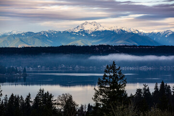 USA, Washington State, Bremerton. Olympic Mountains, sunrise.
