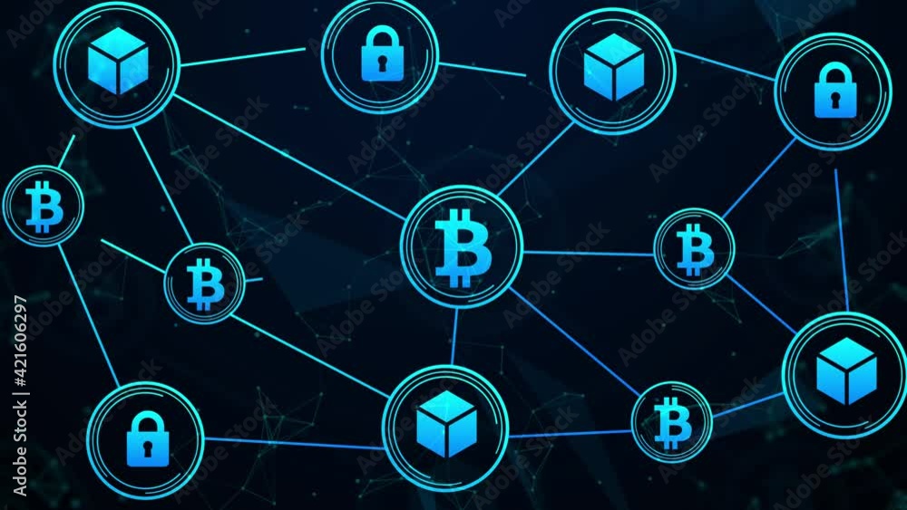 Poster bitcoin and blockchain security concept 4k backdrop animation. modern bitcoin concept backdrop