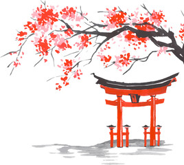 Japan traditional sumi-e painting. Fuji mountain, sakura, sunset. Japan sun. Indian ink vector illustration. Japanese picture.