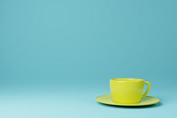 Yellow coffee tea cup on cyan background 3D rendering