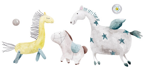 Cute horses watercolor illustrations set