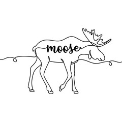 Continuous one line drawing of moose. Minimal style. Perfect for cards, party invitations, posters, stickers, clothing. Wild animal concept
