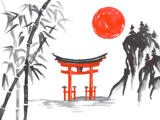 Japan traditional sumi-e painting. Fuji mountain, sakura, sunset. Japan sun. Indian ink vector illustration. Japanese picture.