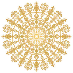 Golden mandala on a white background. Isolated ethnic ornament for placement on paper, glass, leather, wood, fabric. Template for tattoo, henna drawing. Vector oriental ornament.