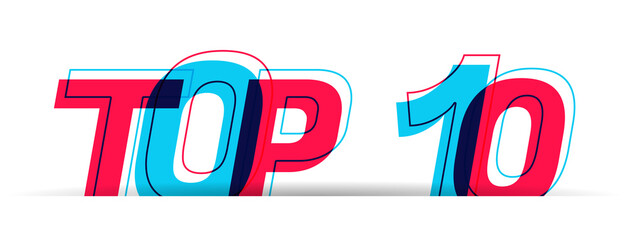 Top 10 sign. Overlapped red-blue letters isolated on a white background. Vector illustration.