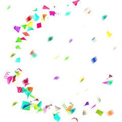 Fototapeta na wymiar Colorful confetti fly in a circle against the background of smeared confetti in motion. Isolated white background