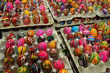 Hand Painted Polish Wooden Easter Eggs Stacked for Sale at Market Basket, chatholic, religious