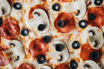Pizza with olives, tomatoes, mushrooms and cheese. Fast food. 