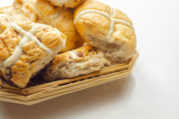Traditional hot cross buns, bread with characteristic decoration in the shape of a cross